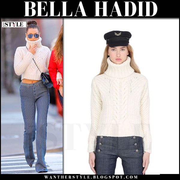 Bella Hadid in white knit turtleneck sweater in New York on January 29 ...