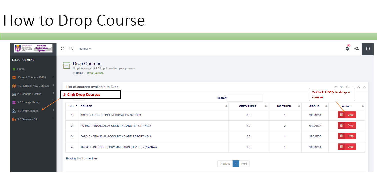 UNIVERSITI TEKNOLOGI MARA STUDENT PORTAL How to Drop Course