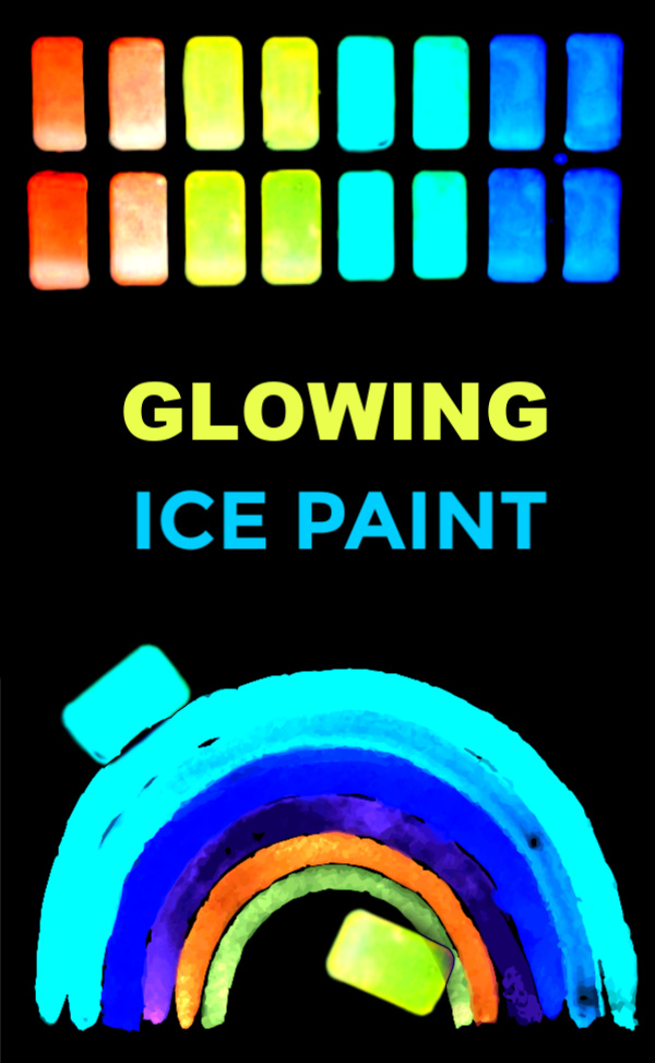 Light up the night with beautiful works of art that glow-in-the-dark!  This glowing ice paint is easy to make and SO FUN kids will ask to make it again & again. #glowingice #glowingicecubes #glowinthedarkice #icepainting #icepaint #iceactivities #iceactivitiesforkids #glowinthedarkactivities #growingajeweledrose 