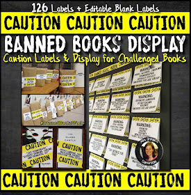 Banned Books Week caution warning labels with bulletin board display