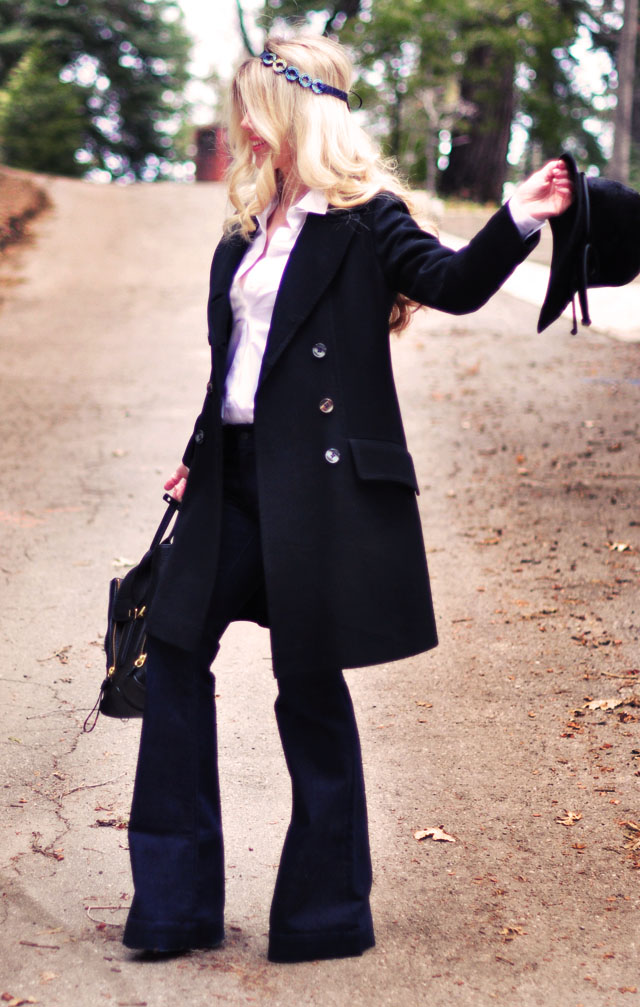 Pretty DIY hair accessories, classic retro outfit, dark flares, vintage military coat