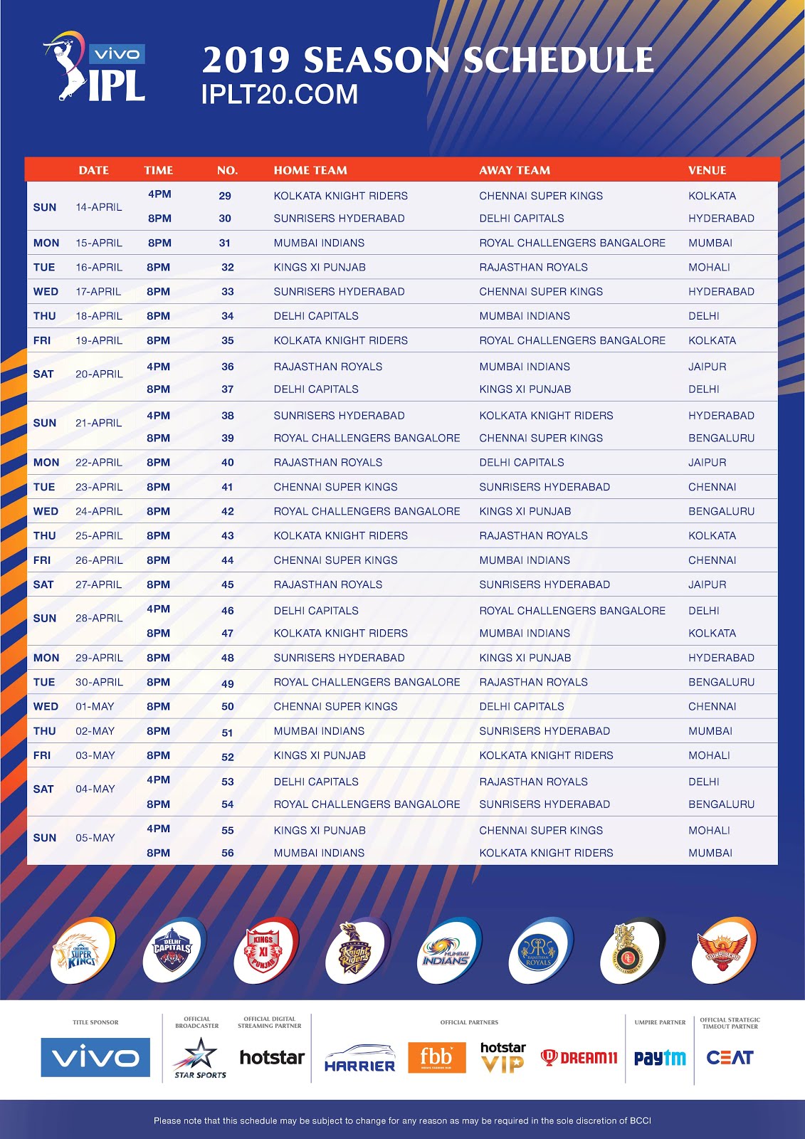 2019 IPL Schedule Download in PDF, 2019 IPL T20 All ...