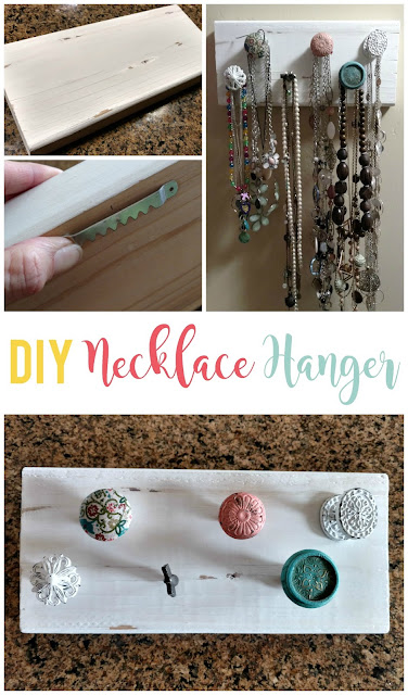 Make your own hanging necklace holder using a piece of scrap wood and some cute drawer knobs!