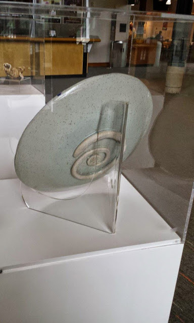 Back of stoneware platter by Lily, on display at Shadbolt Center in Burnaby.