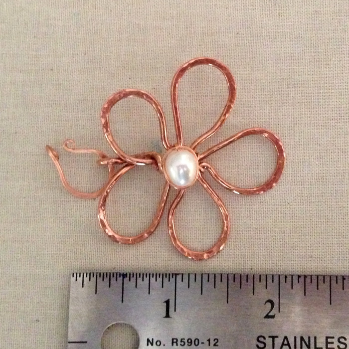 Copper wire flower with pearl center by Lisa Yang Jewelry