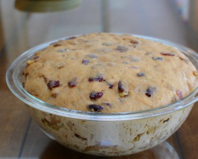 Cranberry Walnut Bread ♥ KitchenParade.com, special for the holidays, a European-style, barely sweet yeast bread studded with dried cranberries and toasted walnuts. Recipe, insider tips, nutrition and Weight Watchers points included.