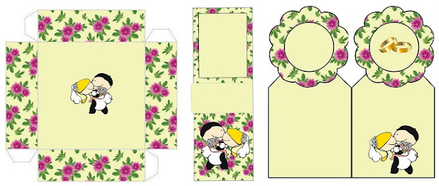 Divertida Caricatura de Pareja en Fondo de Flores Moradas en Amarillo: Mini Kit para Bodas Imprimir Gratis. 