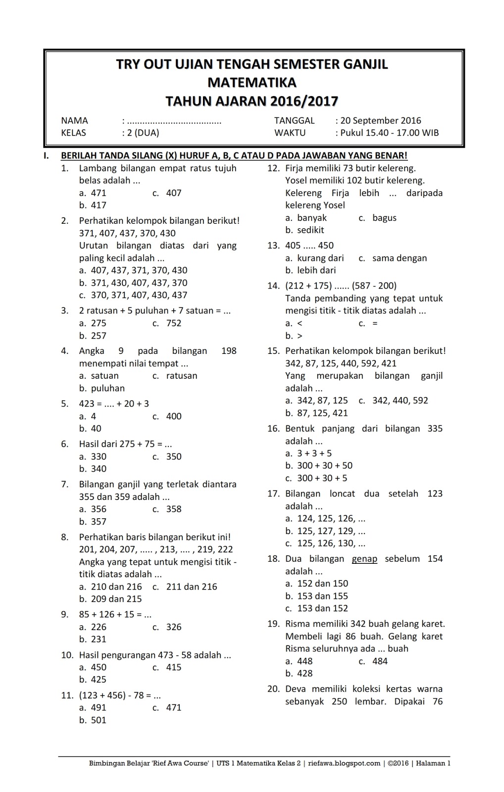 Kunci Jawaban Soal Matematika Kelas 5 Semester 1 : Soal UAS Matematika