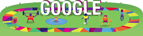 Google Doodle featuring a track and athletes inspired by the Special Olympics