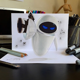 10-Eve-from-Wall-e-Stephan-Moity-2D-Drawings-Optical-Illusions-made-to-Look-3D-www-designstack-co