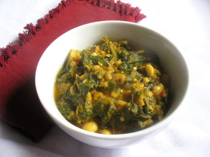 Spicy BlackEyed Pea Curry with Swiss Chard and Roasted Eggplant Lisa