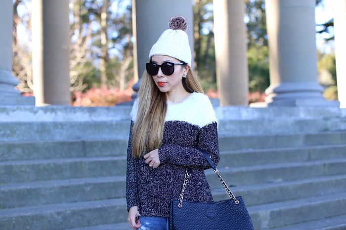 Two by vince camuto Marled Pullover Sweater, nordstrom half yearly sale, jcrew pom pom beanie, distressed boyfriend jeans, christian louboutin so kate heels, chanel earrings, karen walker super duper sunglasses, san francisco street style, Tory Burch Marion Diamond quilted leather tote, fashion blog