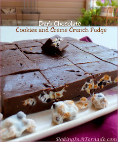 Dark Chocolate Cookies and Creme Crunch Fudge: creamy, chocolate decadence with a surprise crunch in the center. Only takes minutes to make. | Recipe developed by www.BakingInATornado.com | #recipe #chocolate