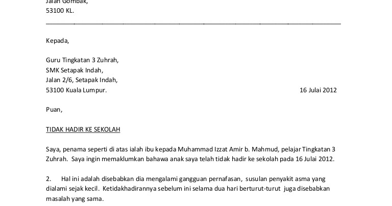 Surat Rasmi Anak Tidak Dapat Hadir Ke Sekolah - J Kosong w