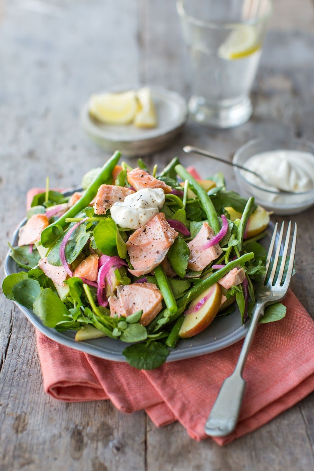 Hot-Smoked Salmon And Watercress Salad With Apple, Green Beans And Crème Fraiche Hot-Smoked Salmon And Watercress Salad With Apple, Green Beans And Crème Fraiche
