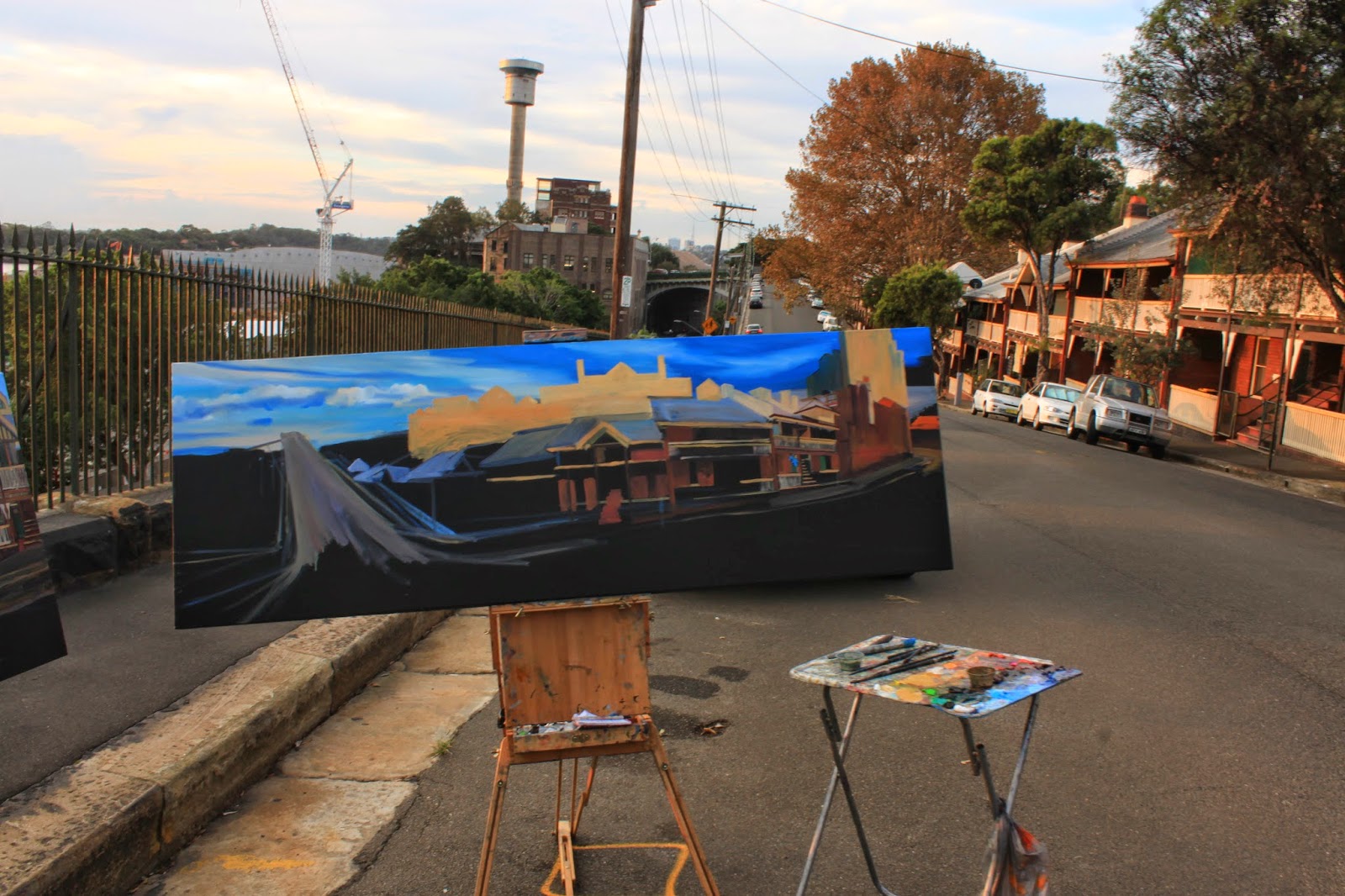 Plein air oil painting by Industrial Heritage Artist Jane Bennett of Millers Point Barangaroo and the Harbour Tower from High st