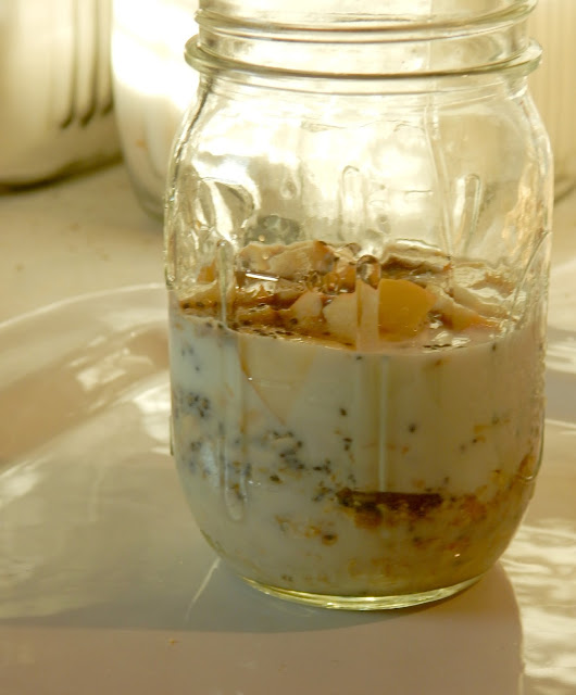 Overnight Breakfast Muesli Jars...a fun, healthy breakfast!  Oats, ground flaxseed, chia seeds, coconut, diced fruit, milk and more make the most delicious, yummy breakfast! (sweetandsavoryfood.com)