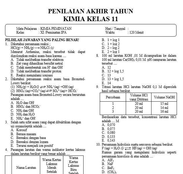 Soal PAT Kimia Kelas 11 dan Jawabannya - panduandapodik.id