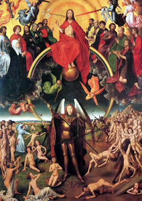 Arcangel san Miguel con lanza y el Señor, la Virgen, Santos, Anegeles