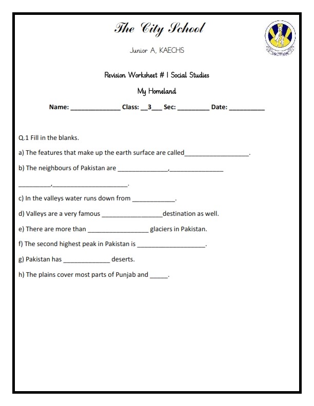 The City School Grade 3 Social Studies Reinforcement Worksheet