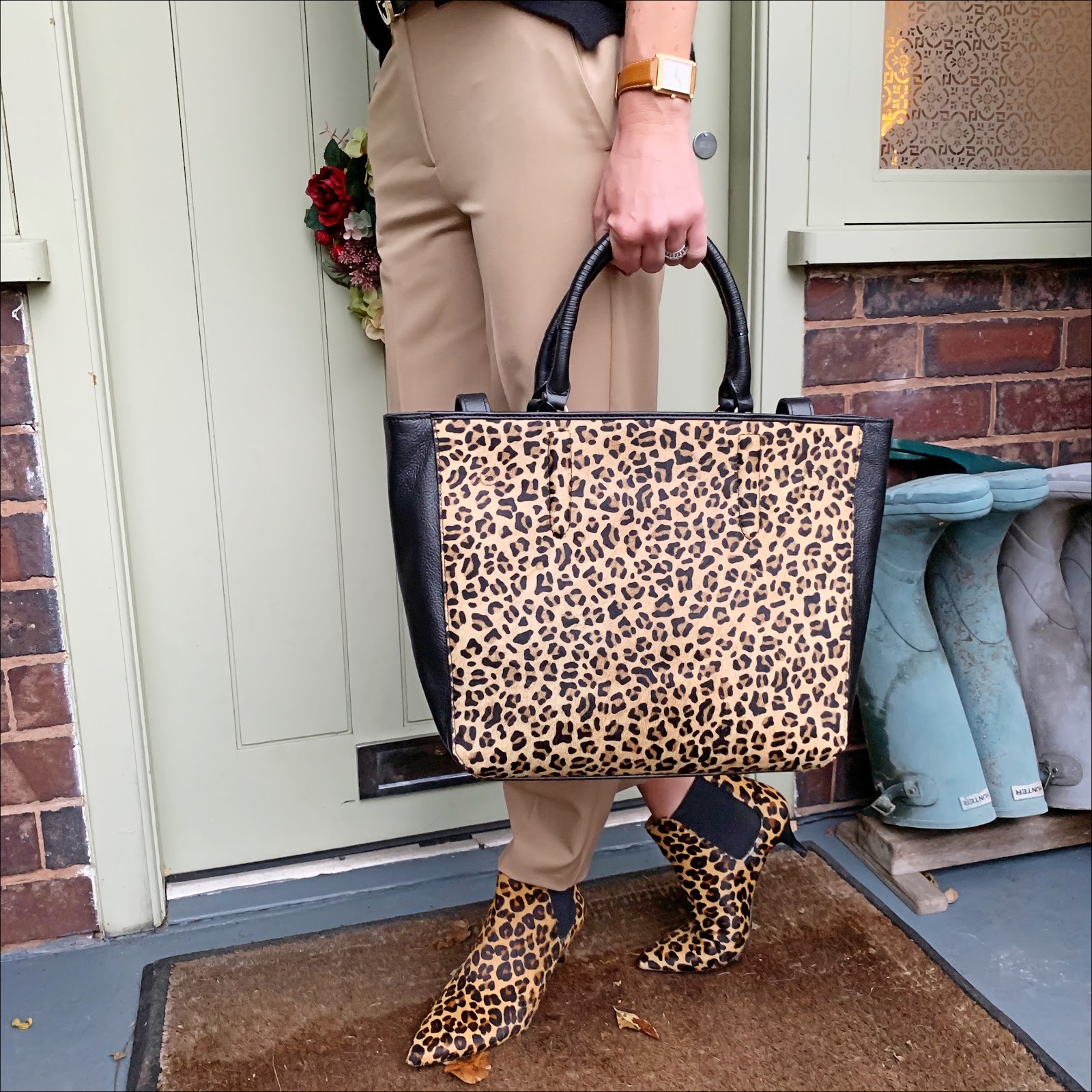 my midlife fashion, hush boyfriend cashmere round neck jumper, radley witney faux leopard print open tote bag, marks and spencer relaxed straight leg trousers, hush rye boots
