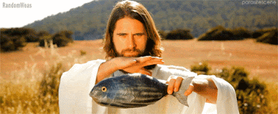 Witziger Jesus Christus mit Fischen - Arme Menschen speissen