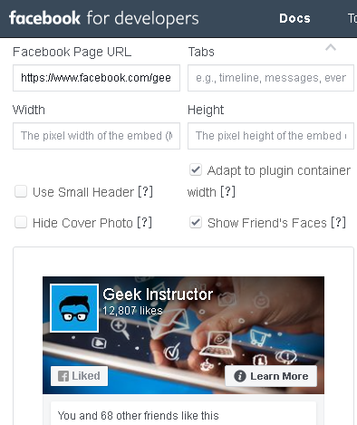 Create Facebook page plugin