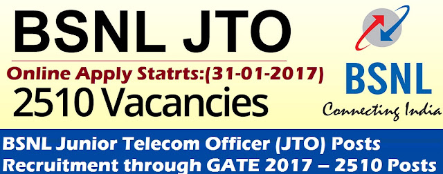 BSNL Junior Telecom Officer (JTO) Posts Recruitment through GATE 2017 – 2510 Posts