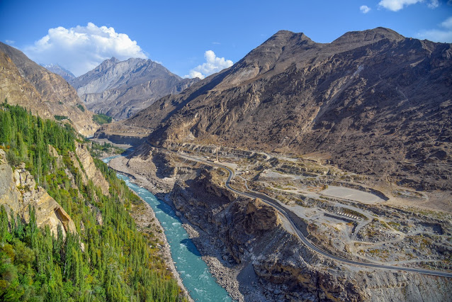 Karkoram Highway passing through the Hunza Valley. In this picture taken from Baltit Fort the Hunza River and Karakorum mountains can be seen.