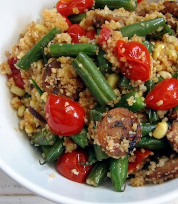 Chicken sausage, corn, green beans, grape tomatoes, and couscous