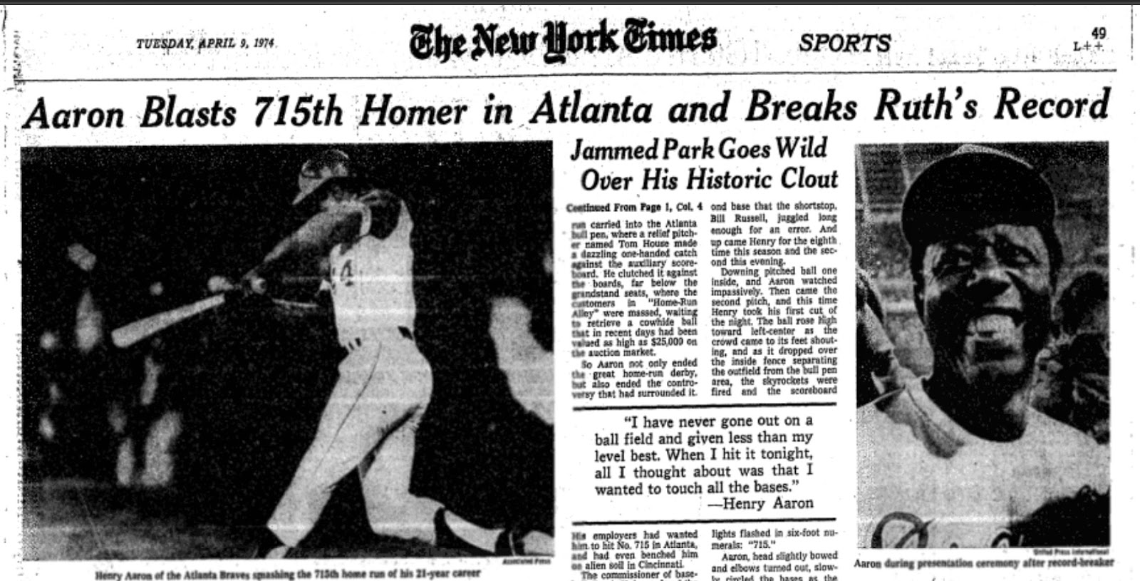 Hank Aaron, just before breaking home run record, visited Albion in 1974