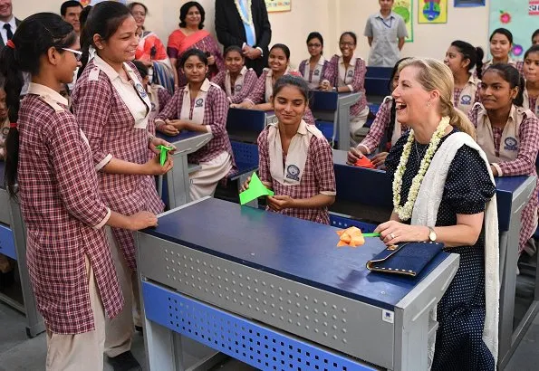 Countess Sophie wore ARoss Girl printed dress in cotton polka dot in navy. Girls Senior Secondary institution