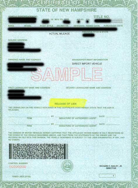 New Hampshire Driver's Manual: A legal document showing legal ownership