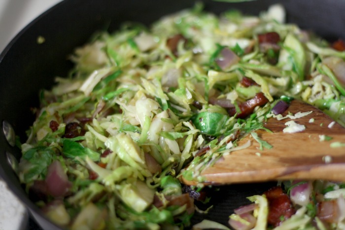 pork jowl, onion, and shredded brussels sprouts