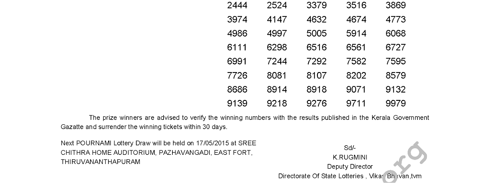 POURNAMI Lottery RN 184 Result 10-5-2015