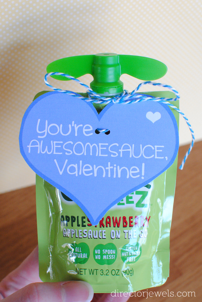 You're Awesomesauce, Valentine - Non-Candy Applesauce Pouch Classroom Valentine Idea + Free Printable at directorjewels.com