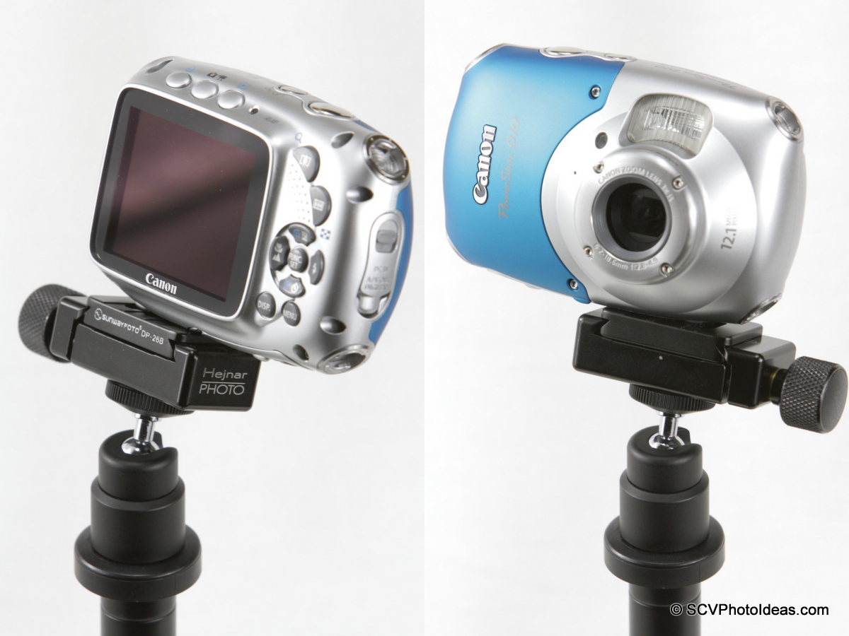 Canon D10 + DP-26 QR Plate on Fotomat V-Pod-S via Hejnar F60 clamp front & back view