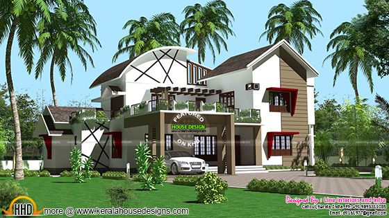 Contemporary style mixed roof Kerala home