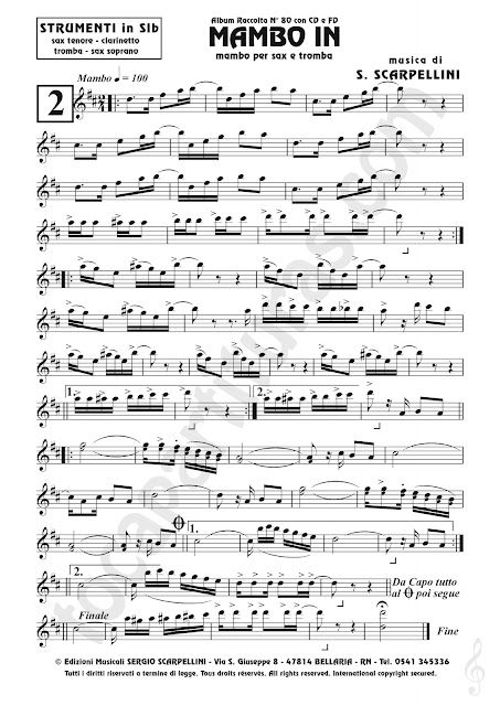 Partitura de Instrumentos afinados en Si bemol del Mambo In de S. Scarpellini Partituras de Saxofón Tenor, Clarinete, Trompeta, Soprano Sax ...con Acordes en Do. B Flat Instruments Sheet Music for Trumpet, Clarinet, Tenor Saxophone, Soprano Sax... with Chords in C