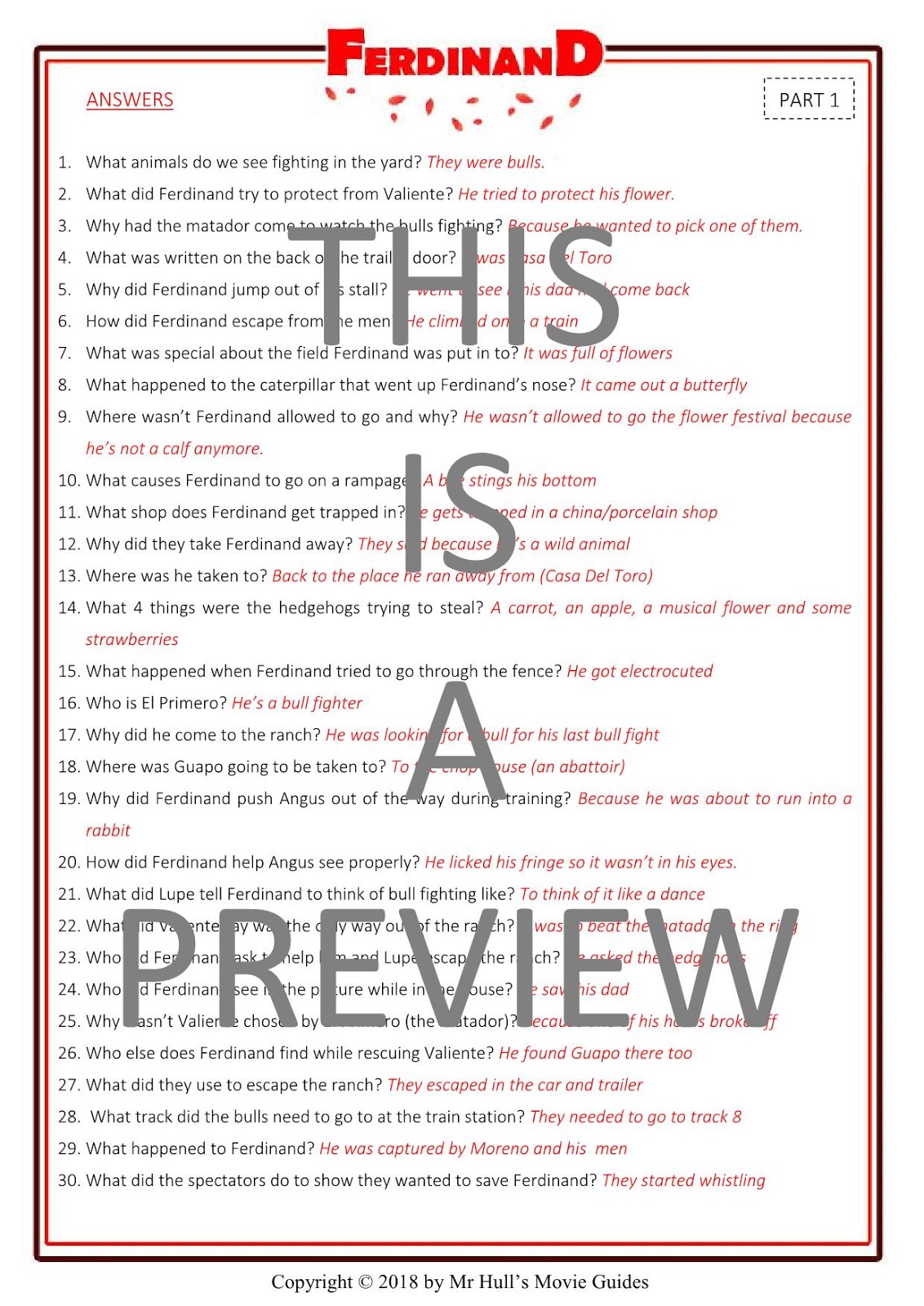 Ferdinand Movie Guide + Activities - Answer Key Included ~ Movie Guides ...