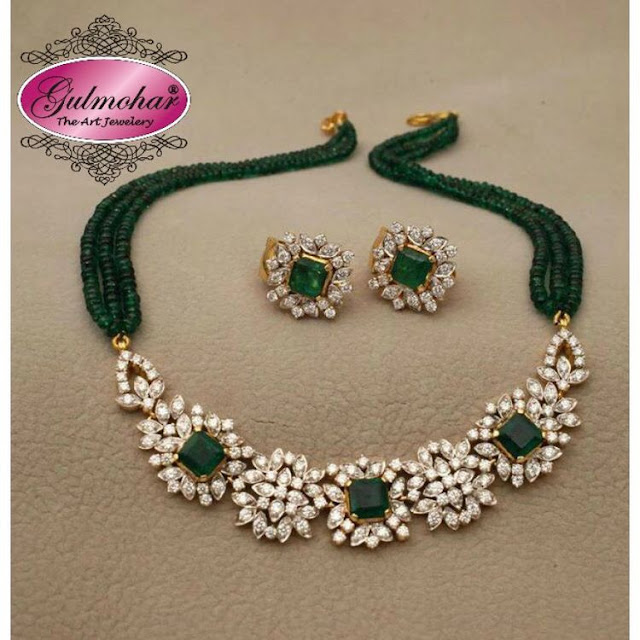 Diamond Emerald Beads Choker Studs Diamond Emerald Beads Choker Studs