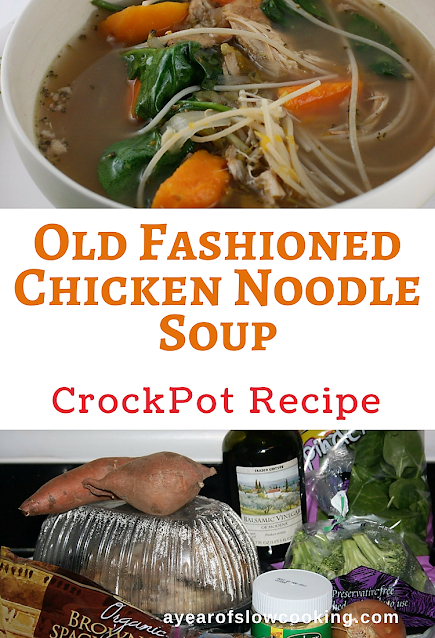 Make homemade chicken and noodle soup in your crockpot slow cooker the easy way.  There is nothing more soothing than a bowl full of chicken noodle soup.  I love how you can use a rotisserie chicken carcass to make the broth -- what a great way to use up the bones and leftover meat!
