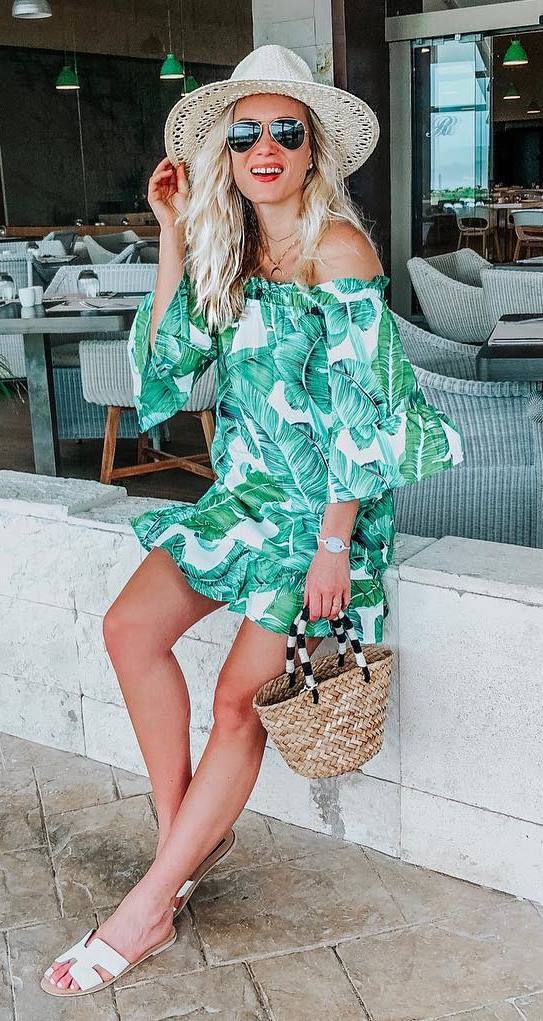 tropical summer outfit with hat : printed dress + bag + white slides
