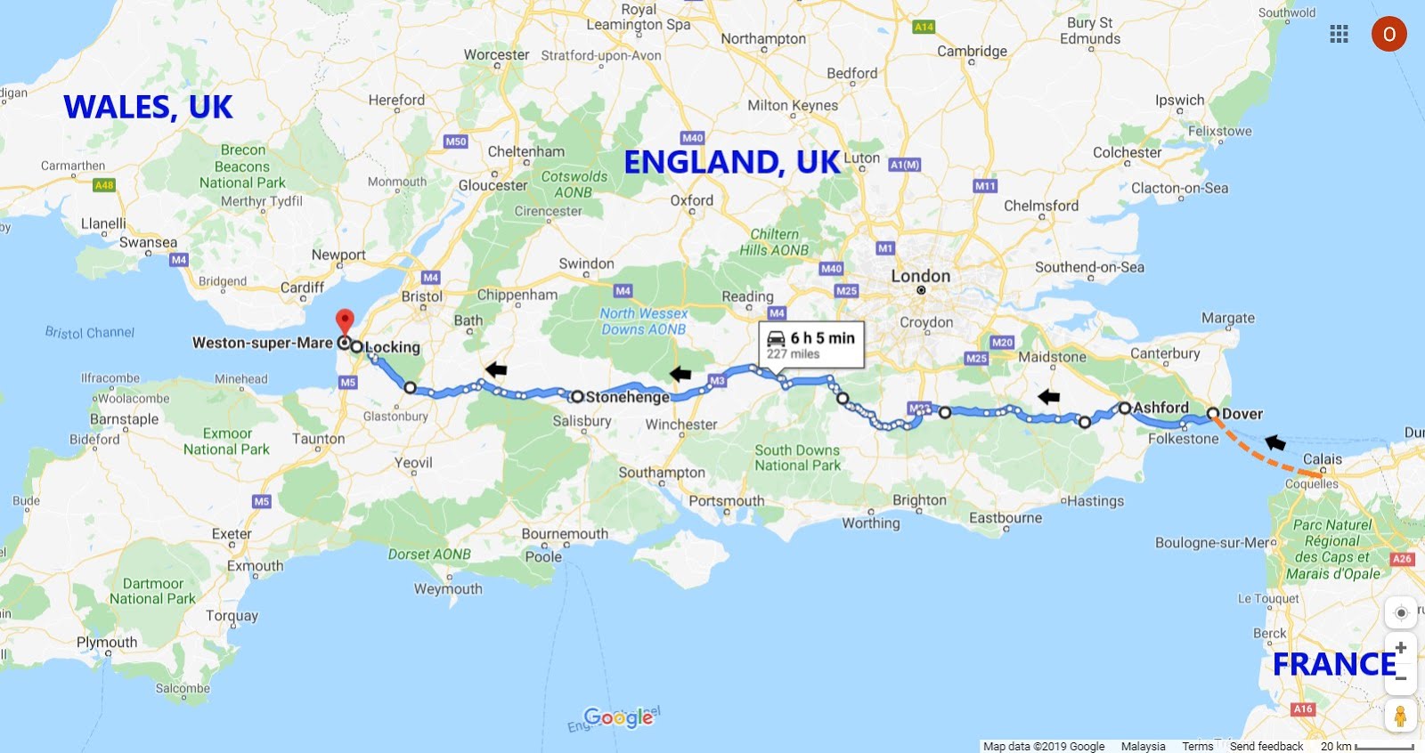 KL Glasgow Overland Calais, France to Dover, UK by ferry; Stonehenge