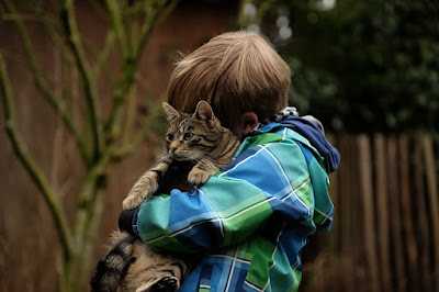 alt="niño abrazando al gato"
