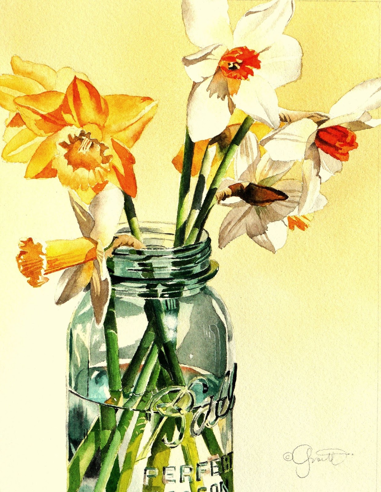 Contemporary Realism: Ball Jar with Daffodils, New Watercolor & New ...