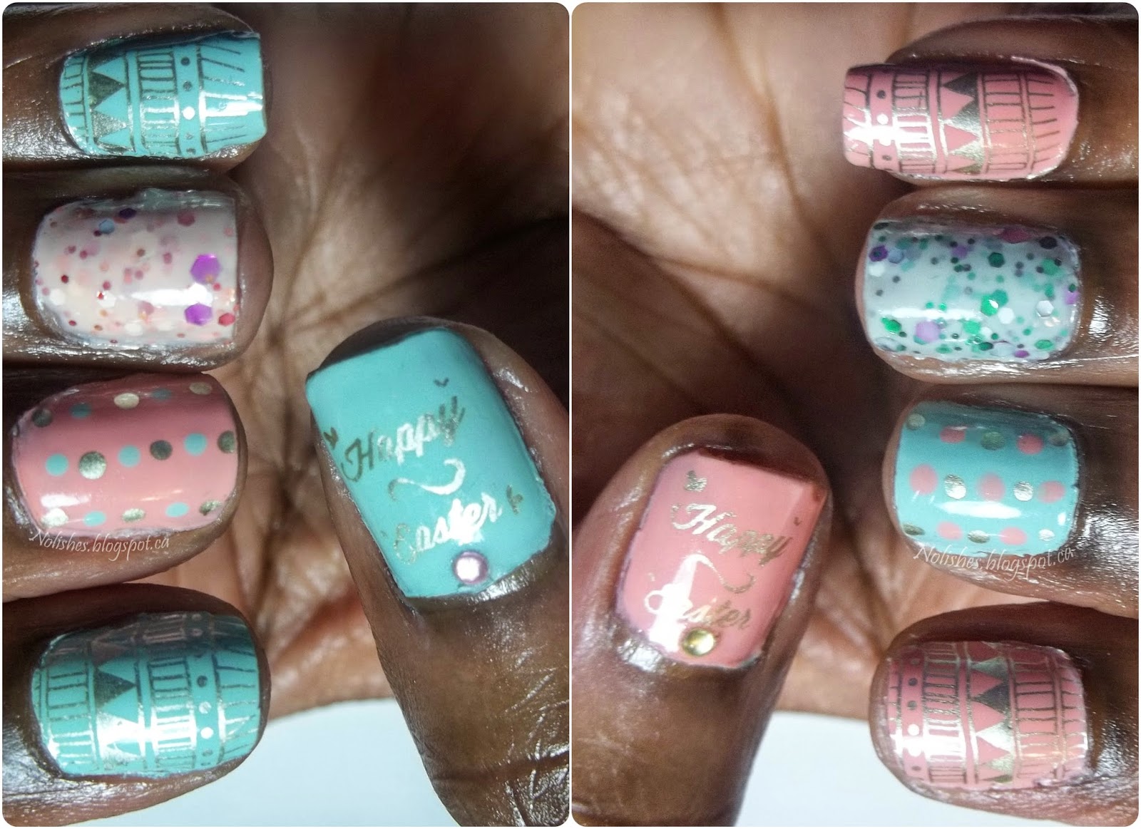 Pastel pink and green nail stamping manicure. Left hand has light green base polish on thumb, pinky and index. Pinky and index are stamped in with tribal geometric design, and thumb is stamped with Happy Easter (all stamping is in gold). Ring finger has light pink polish with suspended glitter, and middle finger has a light pink creme polish. I made dots of green and gold polish on the middle finger.  Right hand is the opposite (switching light green for pink in all cases).