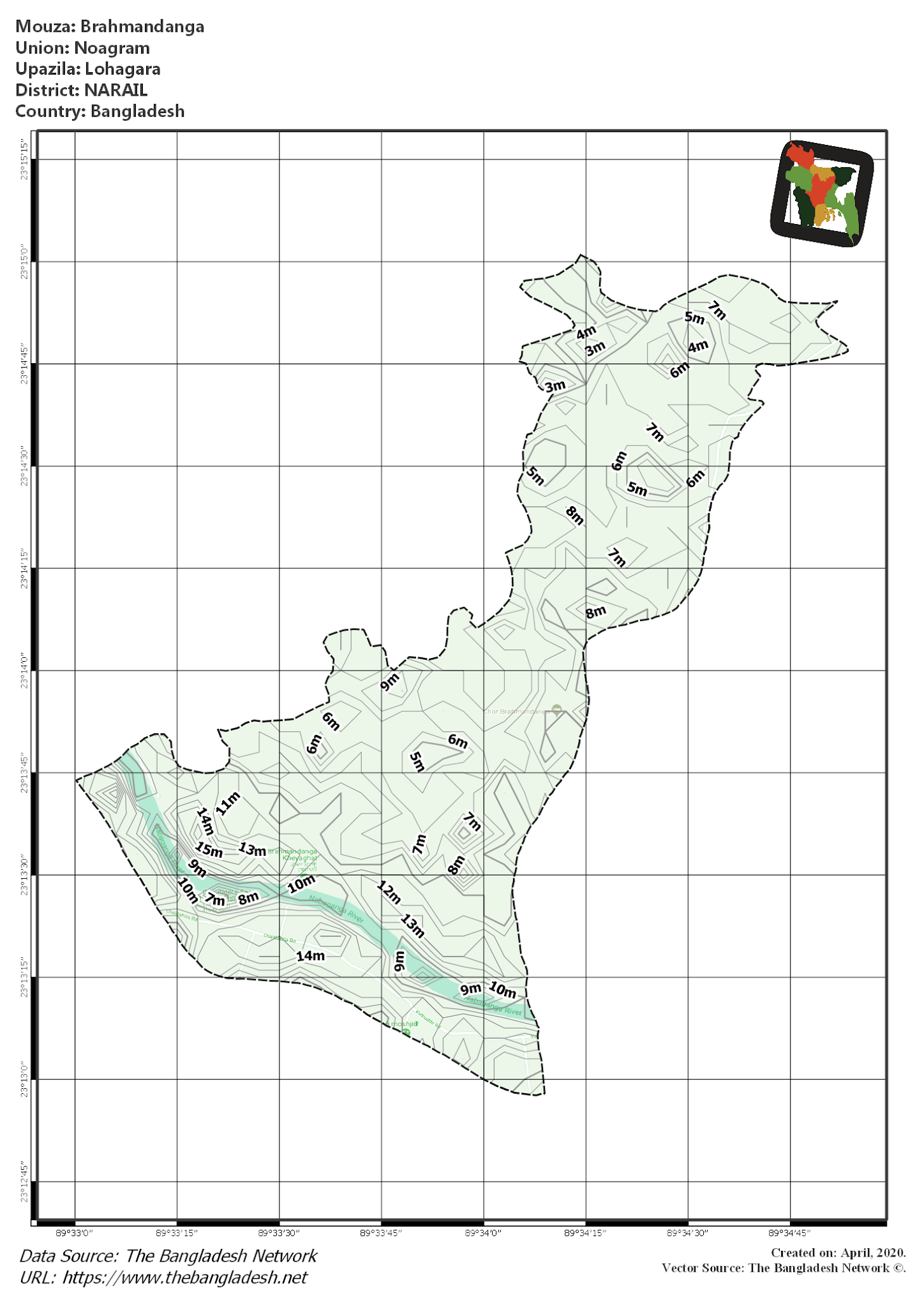 Map of Brahmandanga Mouza of Lohagara Upazila, NARAIL, Bangladesh.