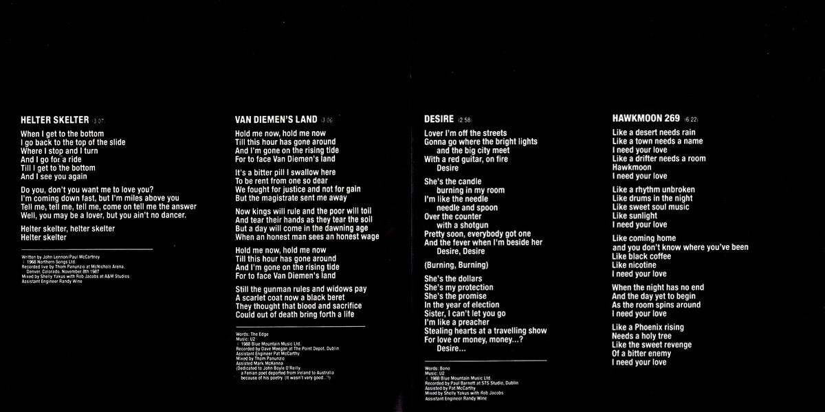 Encarte U2 Rattle And Hum Encartes Pop