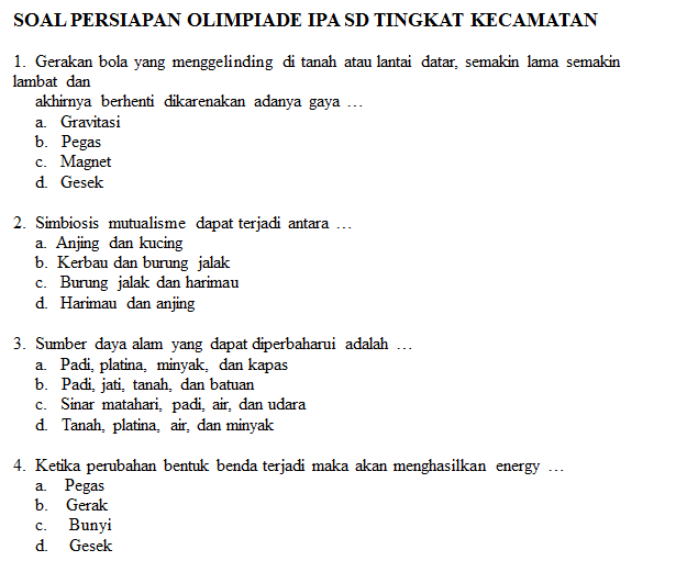 Contoh Latihan Soal Soal Olimpiade Matematika Dan Ipa Sd